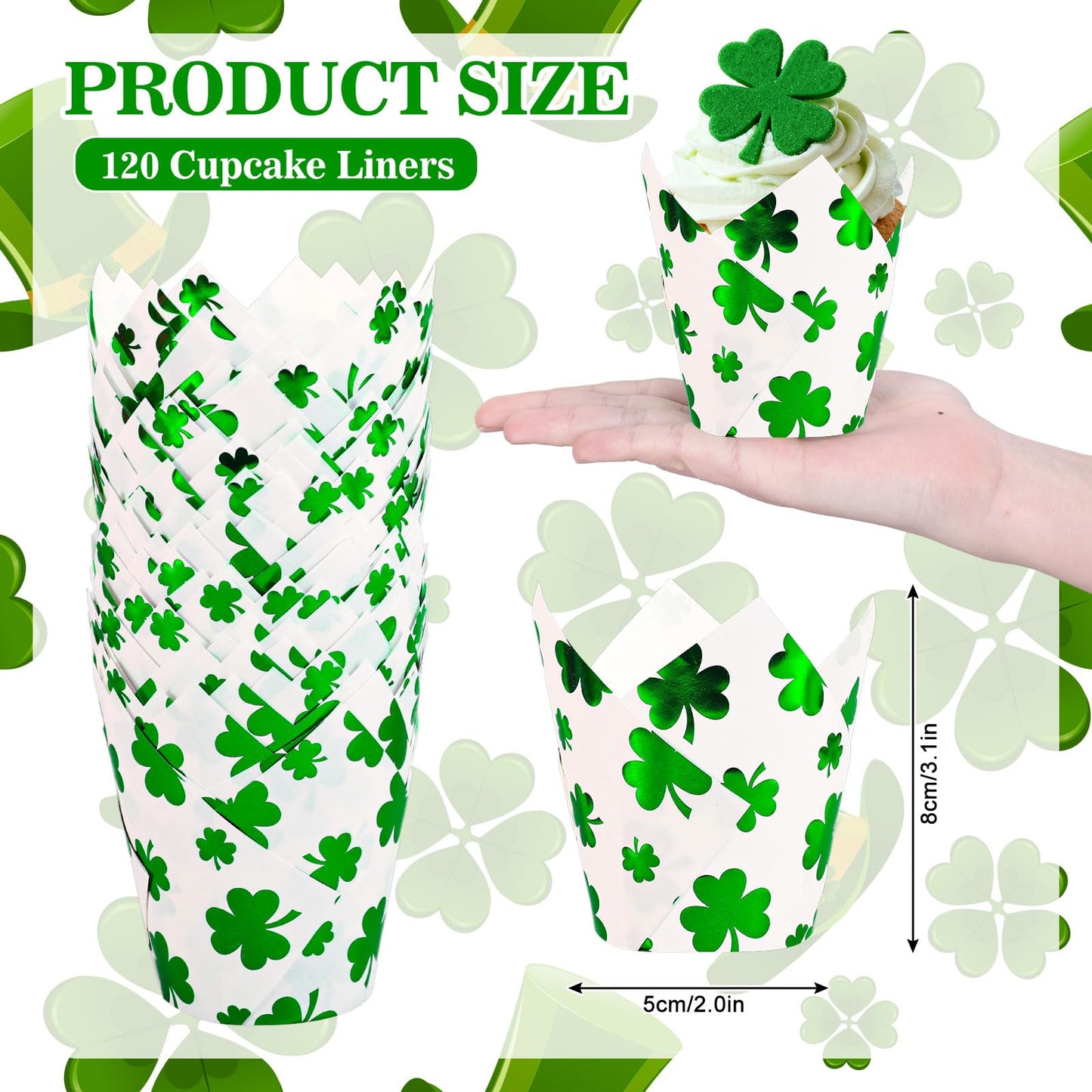 Whaline 120Pcs St. Patrick's Day Tulip Cupcake Liners Green Foil Shamrock Muffin Baking Cups Lucky Clover Cupcake Wrappers for Spring Irish Holiday Party Supplies Table Decor
