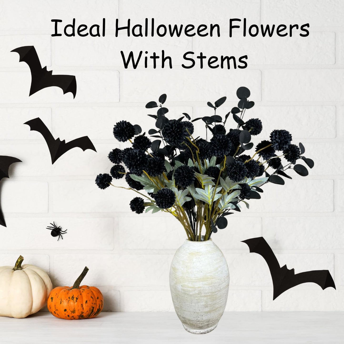 RyddeligHome Black Artificial Flowers for Centerpieces Bulk 10 Long Stems /50 Small Faux Silk Mum Balls + Black Eucalyptus Stems 2 Branches, Fall Boho Halloween Home Decor Indoor, Gothic Flowers