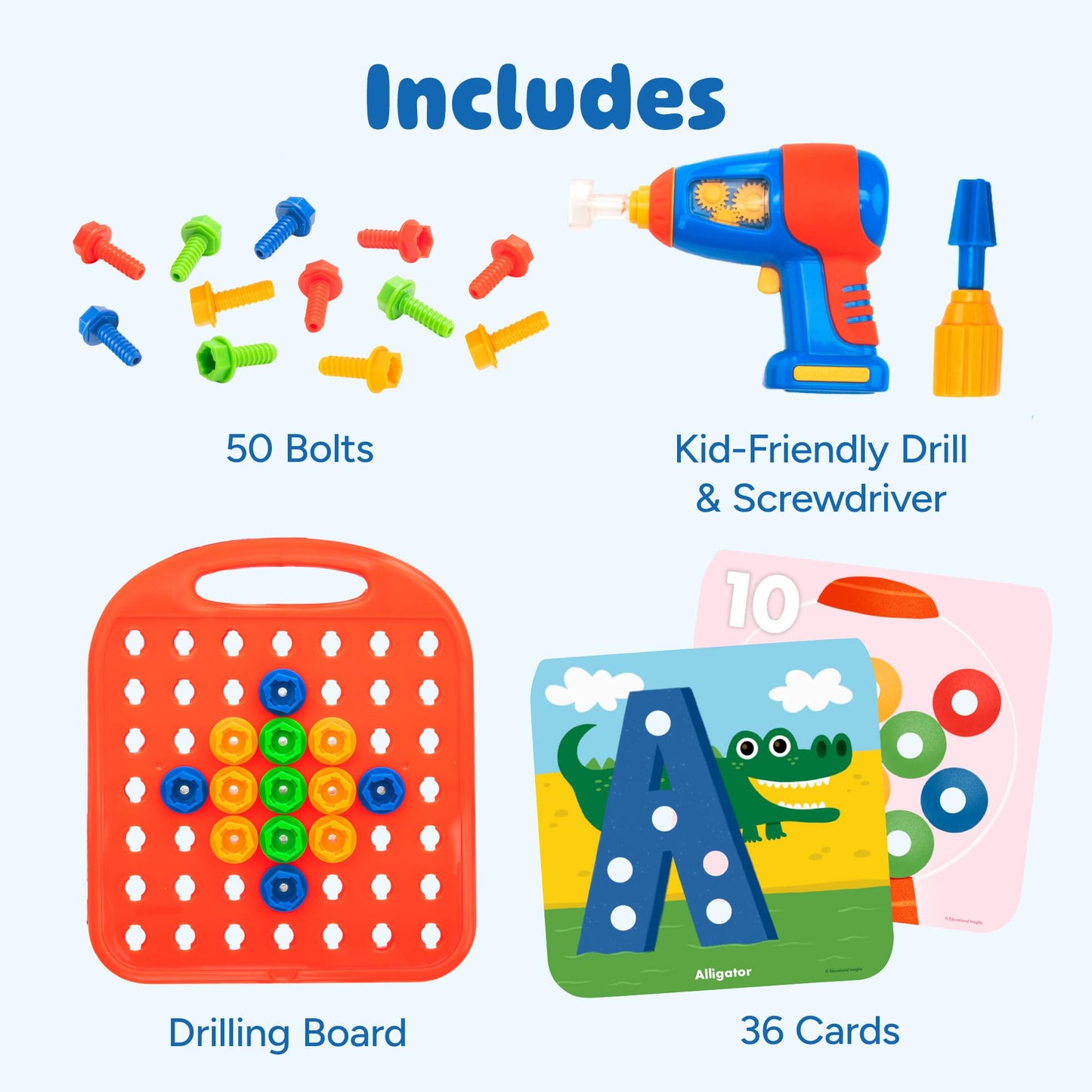 Educational Insights Design & Drill ABCs & 123s - Building Construction Toys for Toddlers, Kids Tool Set with Drill Toy, Preschool Learning Activities, Toddler STEM Toys for 3+ Year Old