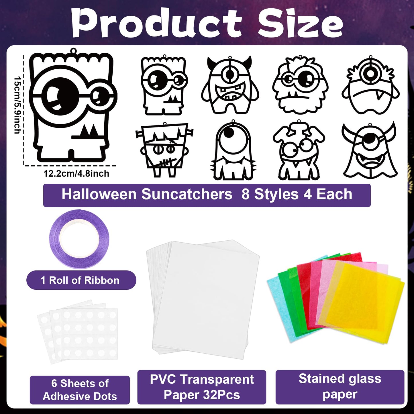 32 Sets Halloween Monster Suncatchers Craft Kit DIY Window Stained Glass Effect Halloween Monster Paper Crafts Home School Classroom Decoration Kid Birthday Gift Creative Art Project Activity Game