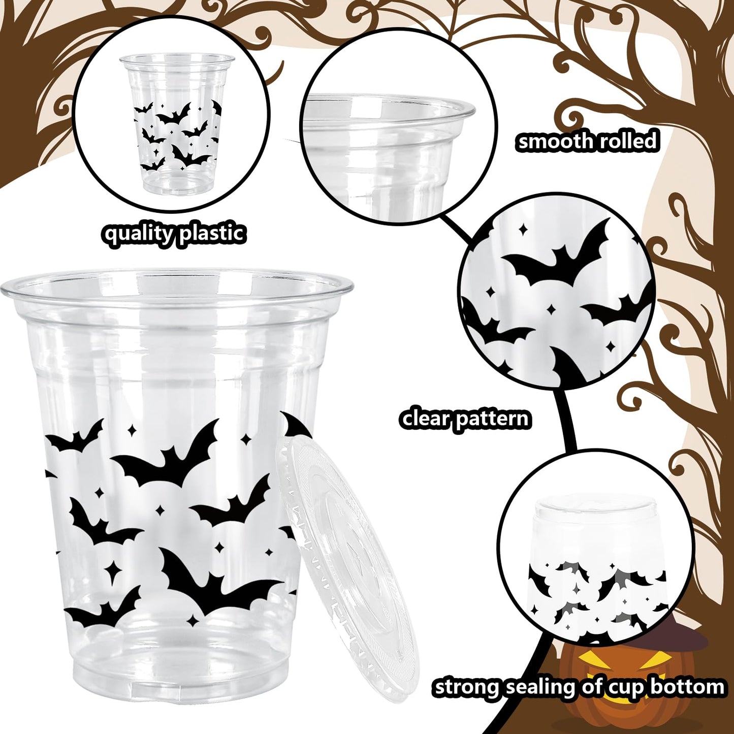 Whaline 50Pcs 12Oz Halloween Plastic Cups with Lids & Straws Black Bat Disposable Clear Drinking Cups for Home Party Supplies