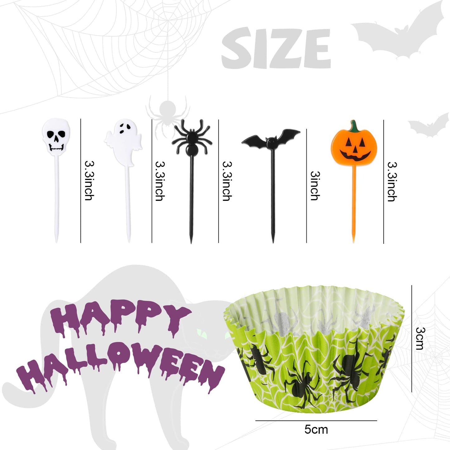 Cunhill 150 Pieces Halloween Picks Set 50 Plastic Cupcake Topper Pumpkin Bat Ghost Toothpicks with 100 Paper Cupcake Liners Muffin Wrappers Baking Cups for Birthday Halloween Party Supplies