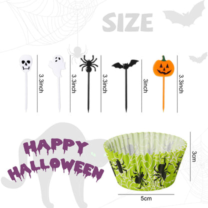 Cunhill 150 Pieces Halloween Picks Set 50 Plastic Cupcake Topper Pumpkin Bat Ghost Toothpicks with 100 Paper Cupcake Liners Muffin Wrappers Baking Cups for Birthday Halloween Party Supplies