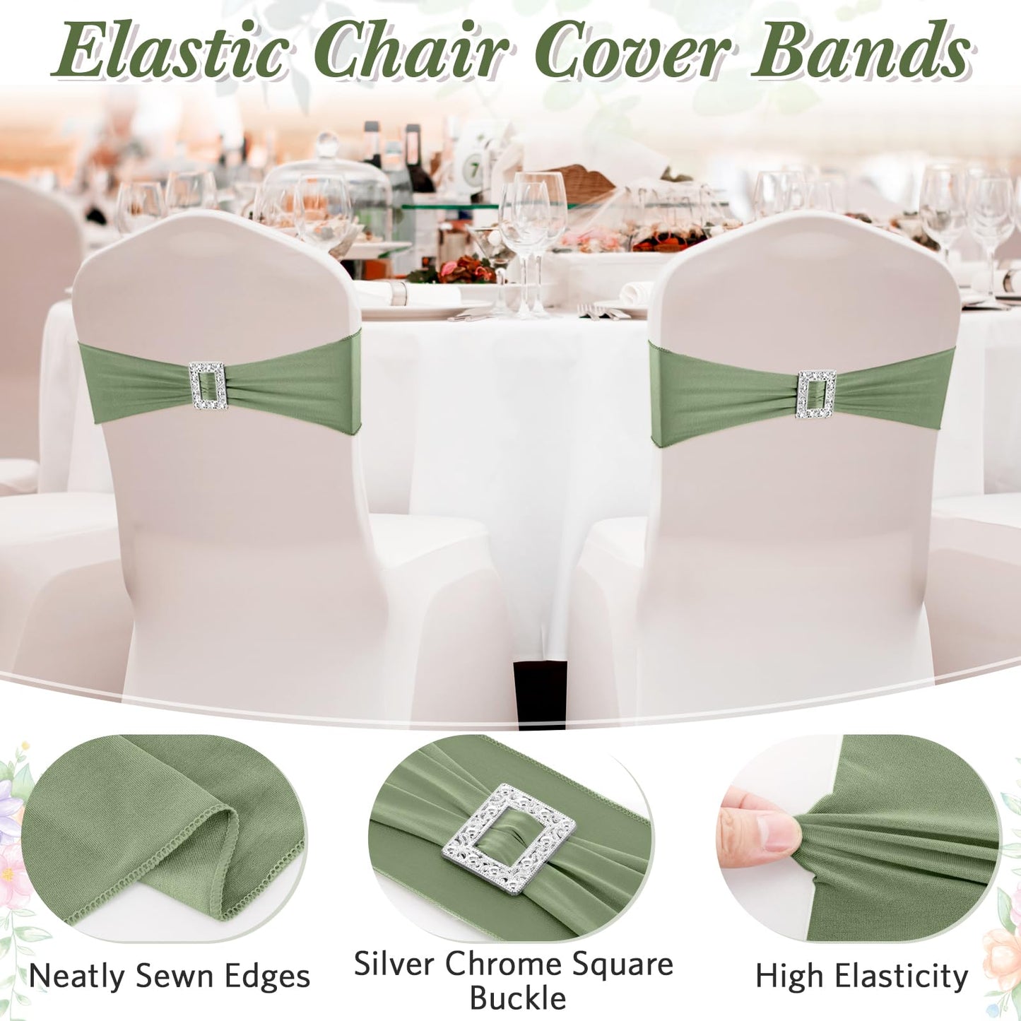 CHENGU 50 Pcs Spandex Chair Sashes with Square Buckle Slider Stretch Dining Chair Slipcovers Band Universal Elastic Ties Bows for Wedding Banquet Event Party Decoration(Sage Green)