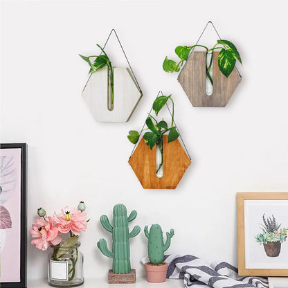 POTRUWE Wooden Wall Hanging Planter Flower Tube Vase, Wall Propagation Planters Glass Plant Terrarium Cylinder Buds Vase Flower Pots Wall Decor for Living Room (Brown)