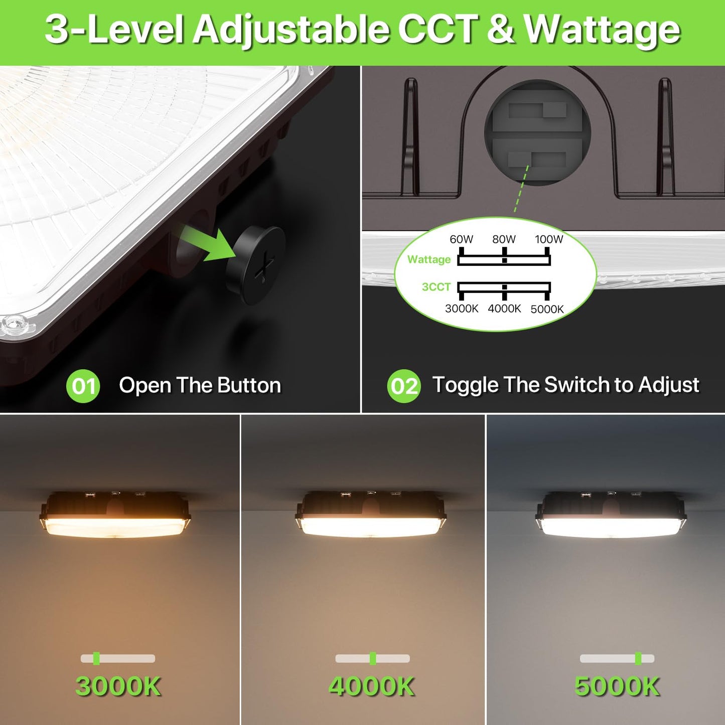 Glitgate LED Canopy Lights 4Pack - 100W/80W/60W 3-Wattage Adjustable, 5000/4000K/3000K 3-CCT Selectable Commercial Outdoor Canopy Light, IP65 Waterproof Ceiling Light Fixture for Warehouse
