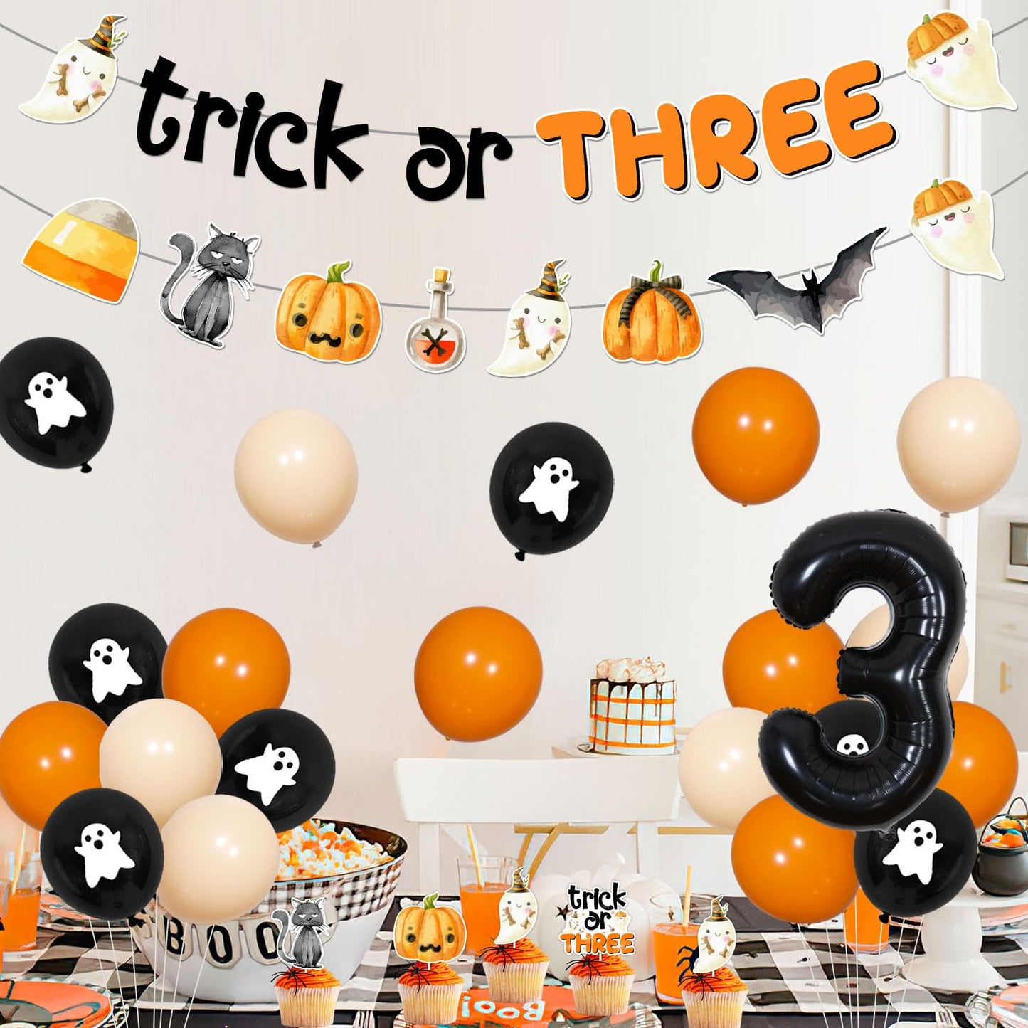 Halloween 3rd Birthday Decoraions Trick or THREE Banner Garland Halloween 3rd Birthday Cake Topper Cupcake Toppers Balloons for Girls Boys Third Bday Party Supplies