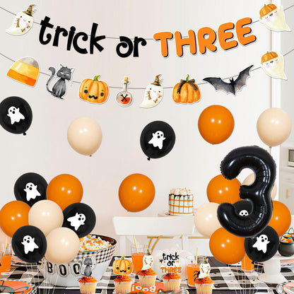 Halloween 3rd Birthday Decoraions Trick or THREE Banner Garland Halloween 3rd Birthday Cake Topper Cupcake Toppers Balloons for Girls Boys Third Bday Party Supplies