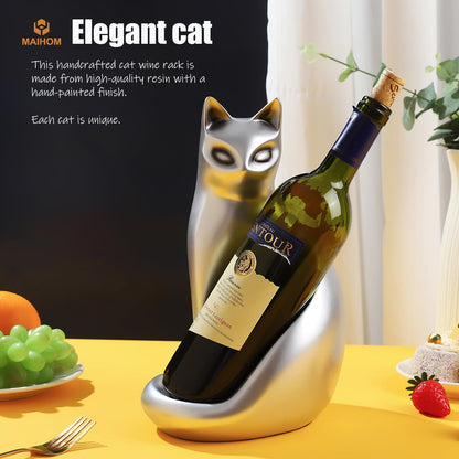 MAIHOM Tabletop Wine Rack Elegant Cat Shaped, Cat Decor Resin Wine Bottle Holder, Decorative Wine Storage for Home Bar, with Packaging for Cat Lovers Women, Silver