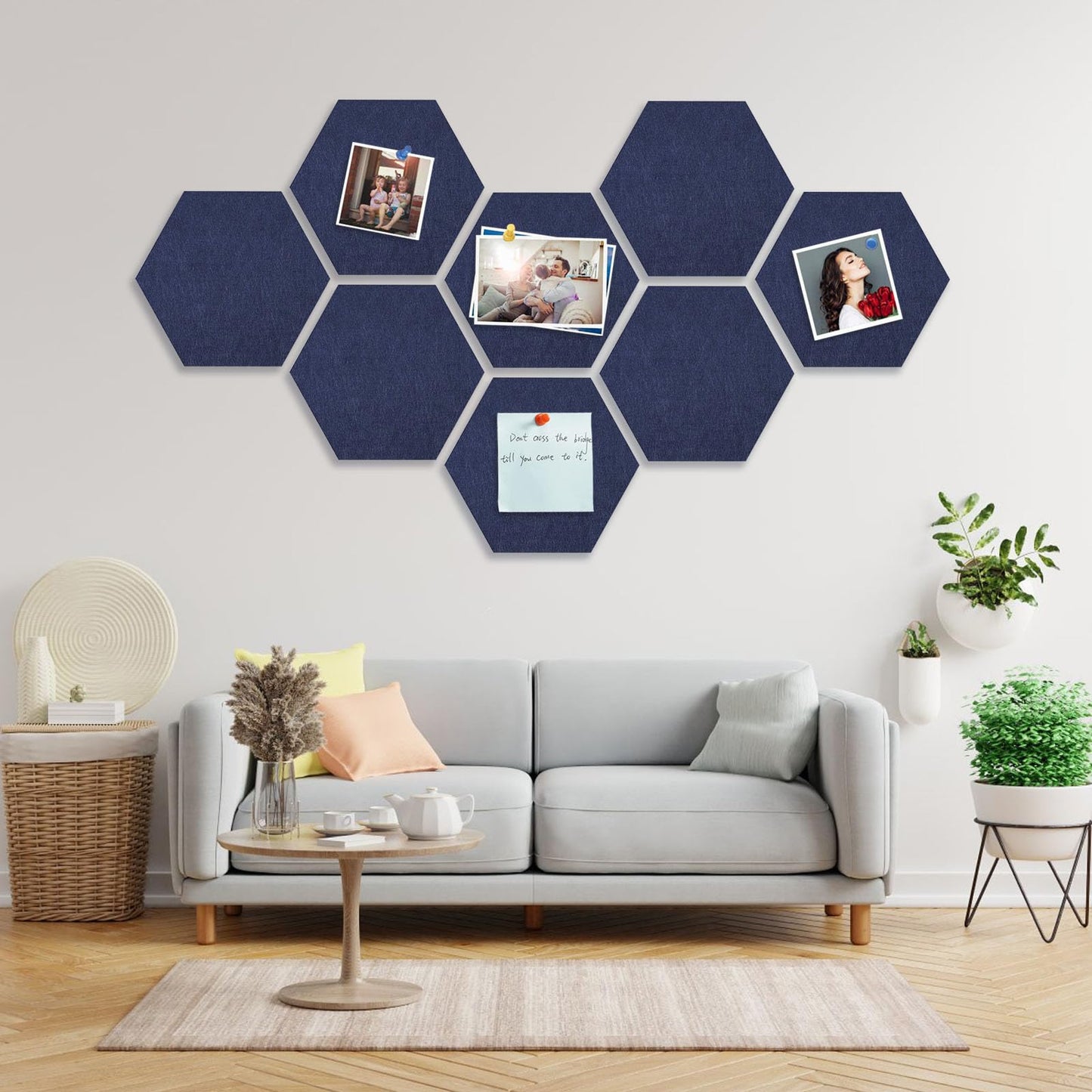 8 Packs Navy Blue Hexagon Felt Pin Board, 12" Bulletin Board with 30 Push Pins, Felt Board for Home Kitchen Office Decor, Self-Adhesive Corkboard Tiles for Walls School Message Photos Memos