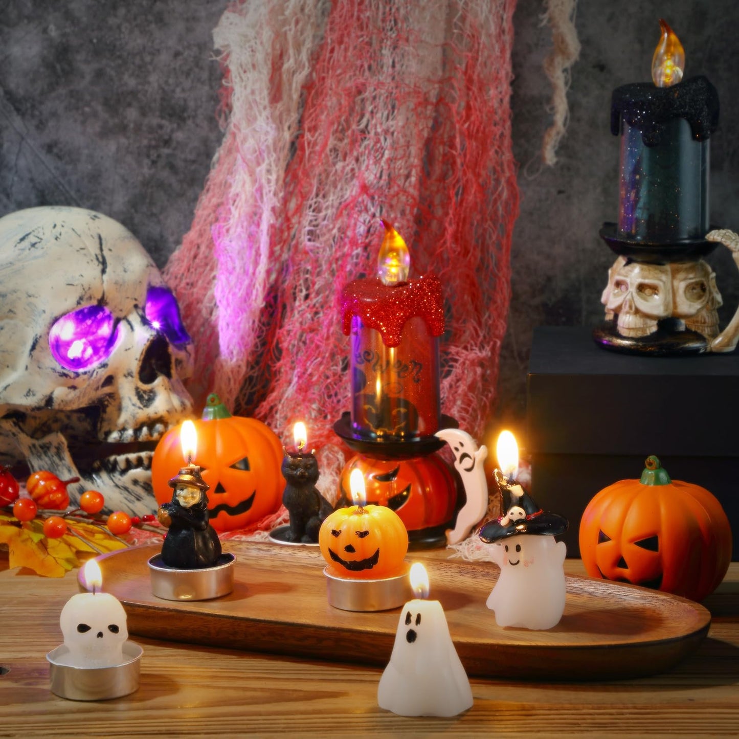 Rossesay 12 PCS Halloween Decoration Ghost Candles Pumpkin Skeleton Cat Witch Cute Mini Candles White Soy Wax Horror Tea Lights Spooky Set for Autumn Halloween Party Home Decorations