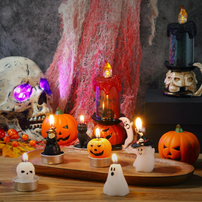 Rossesay 12 PCS Halloween Decoration Ghost Candles Pumpkin Skeleton Cat Witch Cute Mini Candles White Soy Wax Horror Tea Lights Spooky Set for Autumn Halloween Party Home Decorations