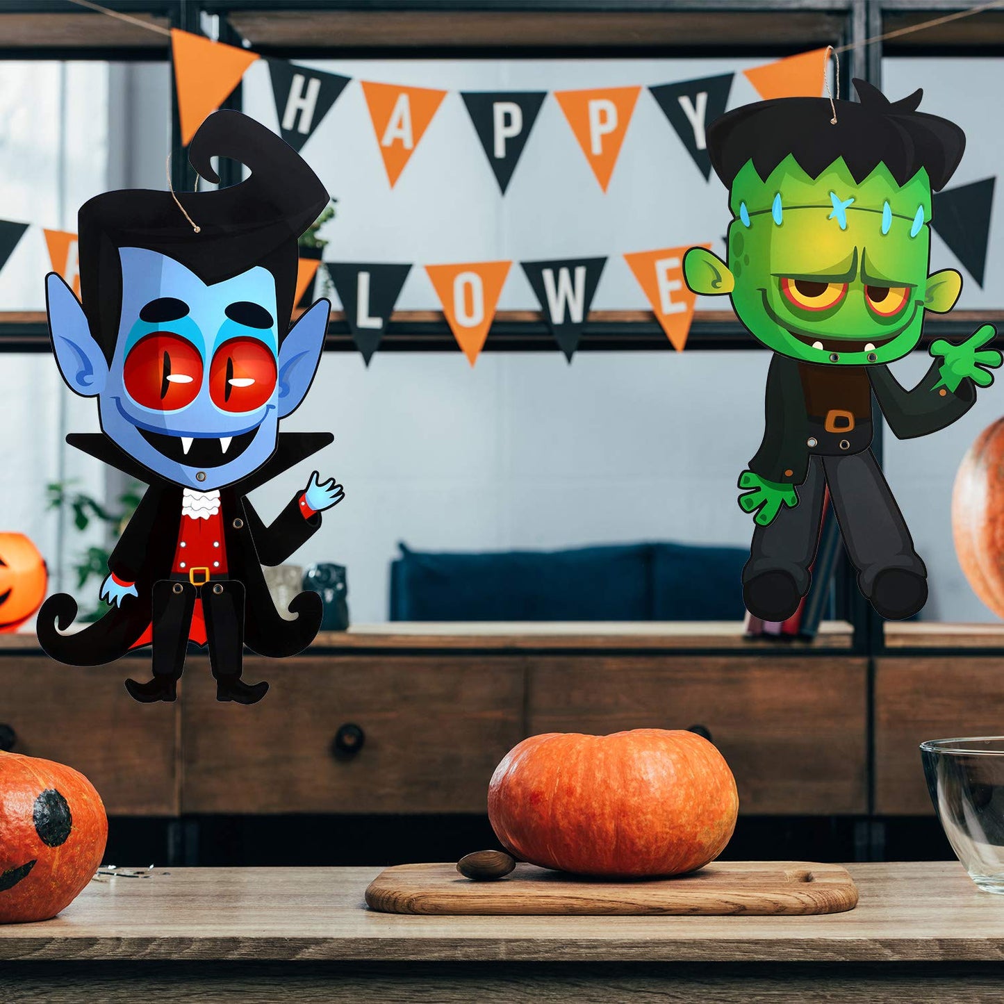 4 Sets Funny Halloween Party Decoration Jointed Figures Door Hanger, Hanging Halloween Wall Decoration Signs Vampire, Skeleton, Witch, Zombie Banners for Party Decor