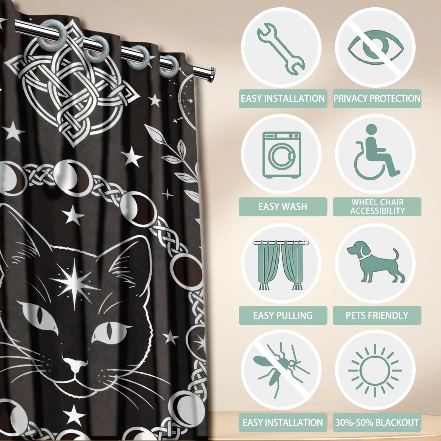 CONCHLERY Divination Style Door Curtain for Doorway Cats Doorway Curtain Stars Room Divider Curtains with Plastic Rings Folding Doors Curtains for Closet Bedroom Living Room Doorway, 39x79 Inch