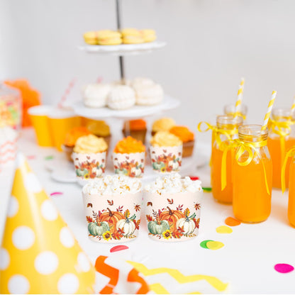 JarThenaAMCS 100 Pcs Fall Baking Cups Watercolor Orange Green White Pumpkin Maple Leaf Wrappers Cupcake Muffin Cases for Thanksgiving Autumn Party