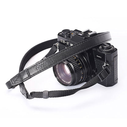 CANPIS CP008 Leather Camera Shoulder Neck Strap compatible with Canon Nikon Leica Fuji Sony Olympus etc. Black Color, Adjustable Length, Slim with Flocking Comfortable Pad