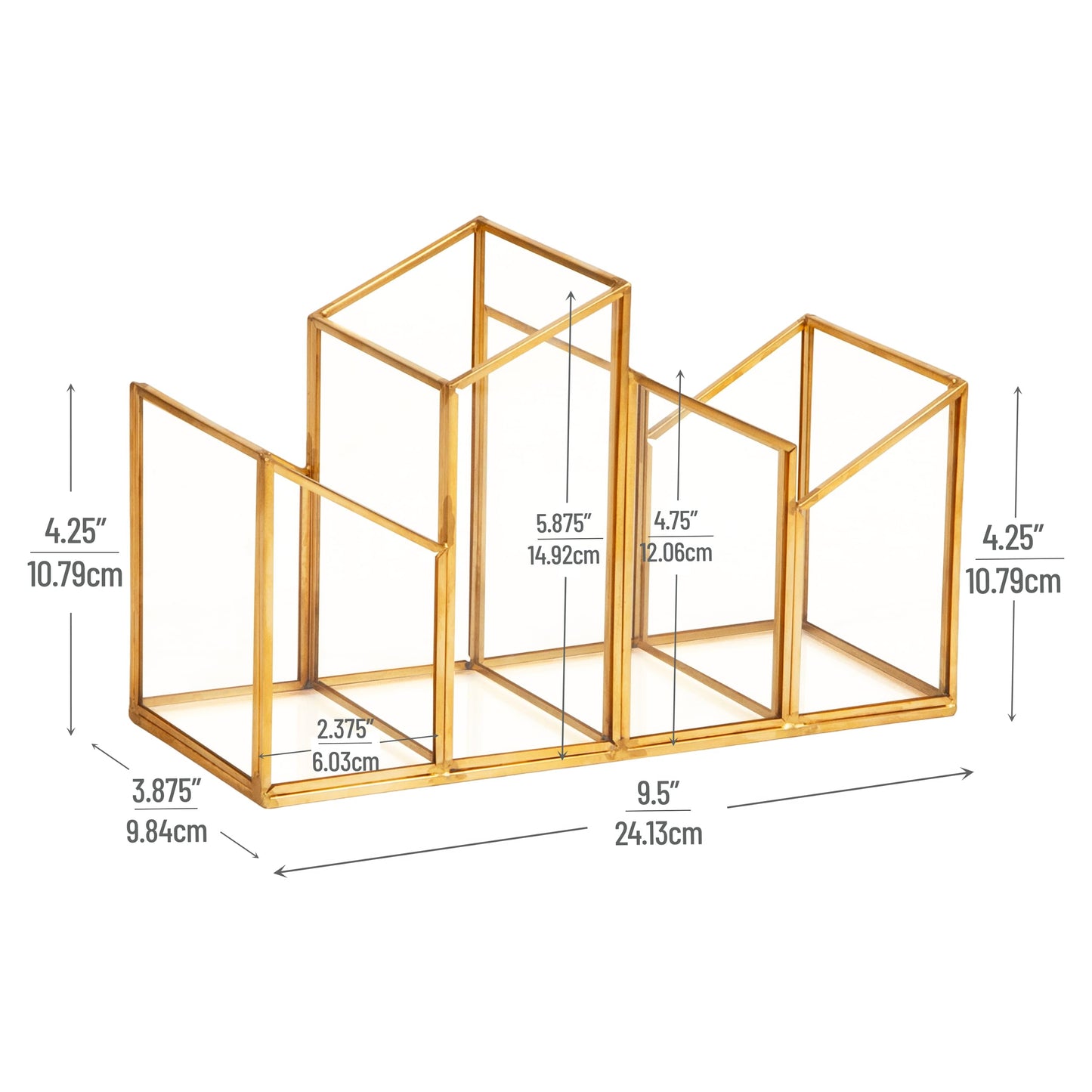 Mind Reader 4-Compartment Angled Glass Pen Holder with Copper Trim, Desktop Organizer for Office Supplies & Accessories, Glass and Copper, Clear