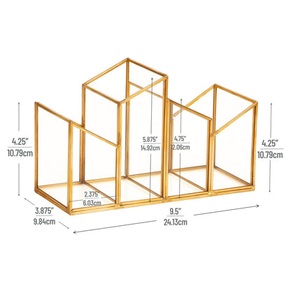 Mind Reader 4-Compartment Angled Glass Pen Holder with Copper Trim, Desktop Organizer for Office Supplies & Accessories, Glass and Copper, Clear