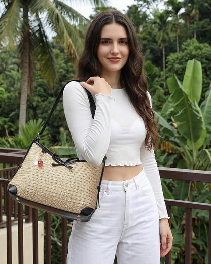 Herald Straw Woven Purse for Women, Summer Beach Hobo Raffia Crossbody Bag Shoulder Handbag Tote with Adjustable Strap (Black)