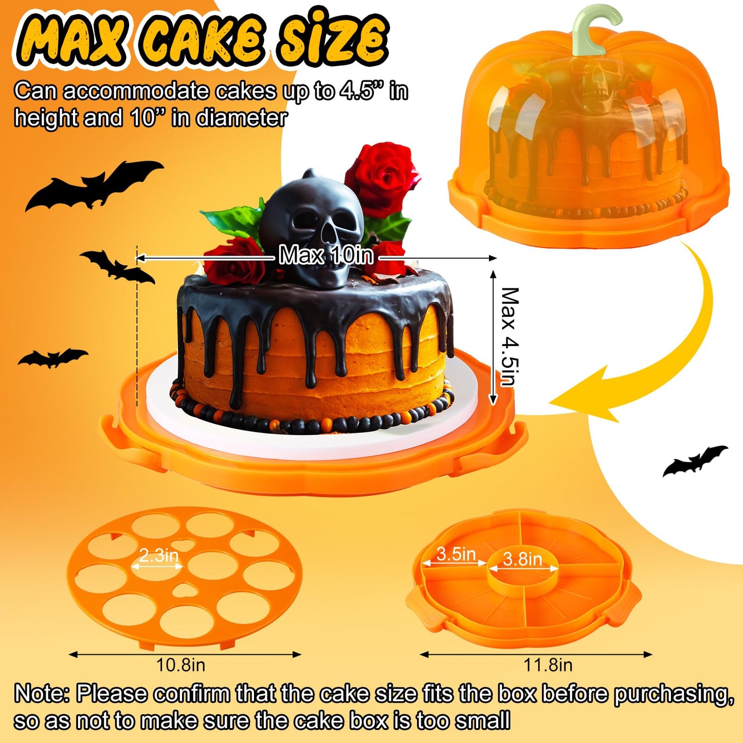 Zhehao 10 Inch Fall Cake Carrier Holds, Pumpkin Cake Stand with Lid and Handle, Halloween Autumn Harvest Plastic Transport Storage Container, Suitable for Transporting Pies, Cupcakes and More(Orange)