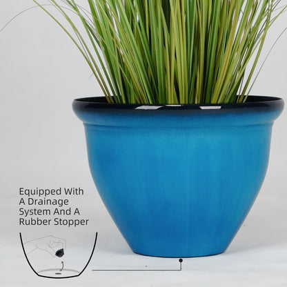 Worth Garden 12-Inch Dia. Round Blue Plastic Planters with Drain Holes, 9.5-Inch Height - 4-Pack Glossy Finish Bell-Shaped Plant Pot – Lightweight Indoor/Outdoor Flower Pots