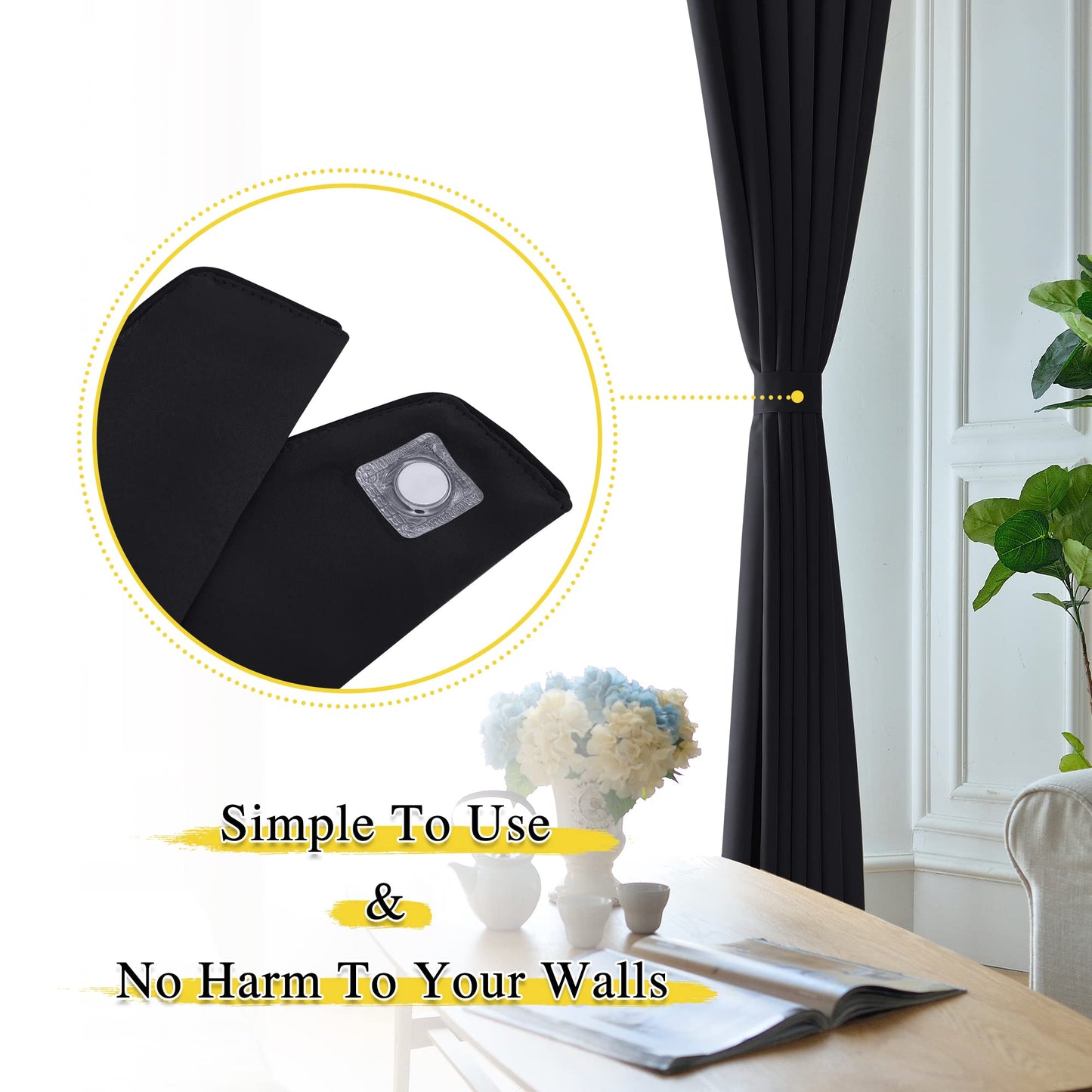 NICETOWN Magnetic Curtain Tiebacks - Modern Unique Upgraded Design Decorative Drape Tie Backs Holder for Window Draperies, No Tools Required (Black, 11.8 X 4 Inches, Set of 4)