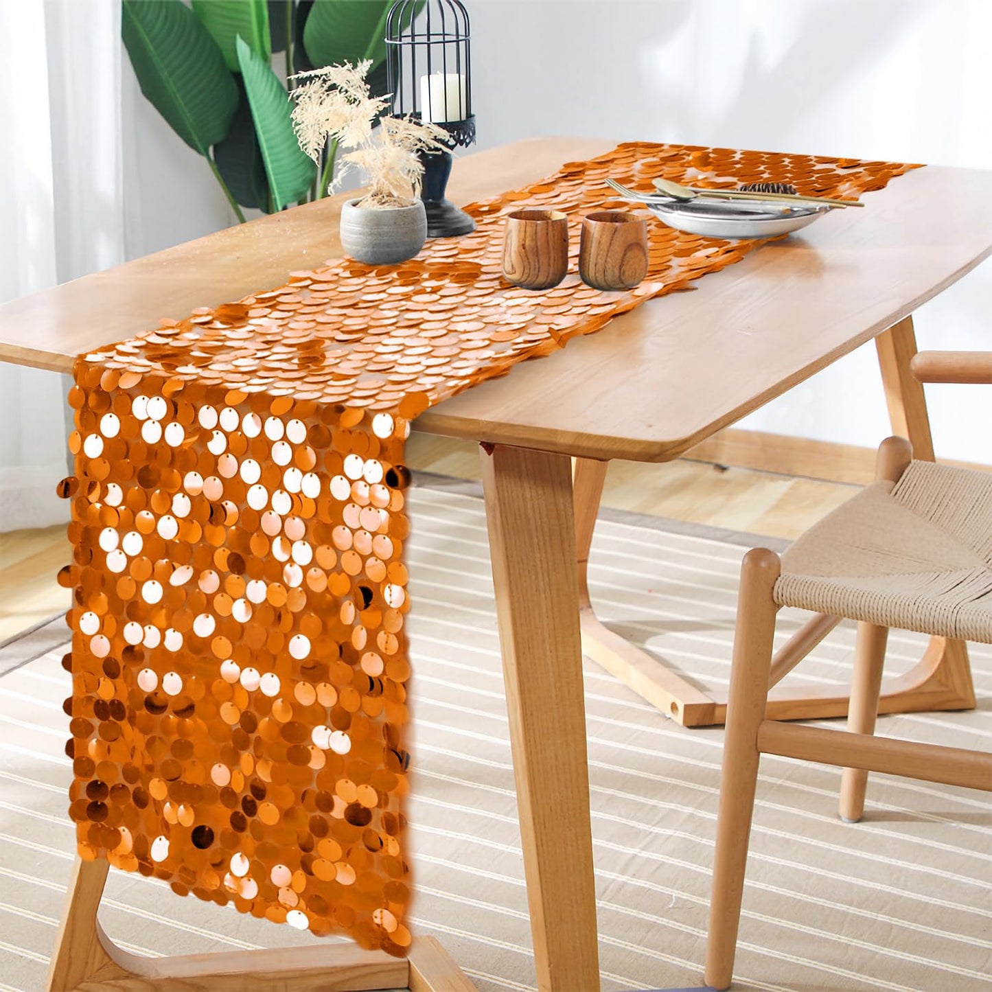 Yblut 12 x 108 Inch Orange Sequin Table Runner Glitter Rectangle Big Sequin Table Runner for Wedding Party Birthday Christmas Halloween Decoration (1 Pack)