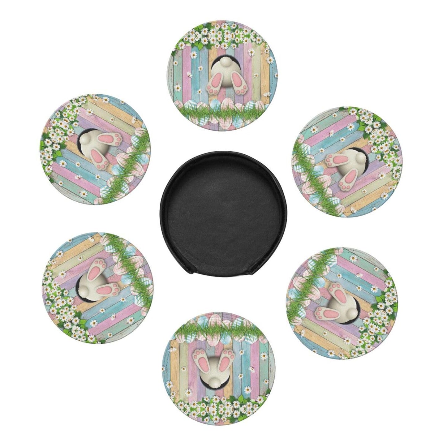 6 Pack Cute Easter Eggs Bunny Coasters for Drinks with Holder, Leather Coasters for Kitchen,Coffee Decor