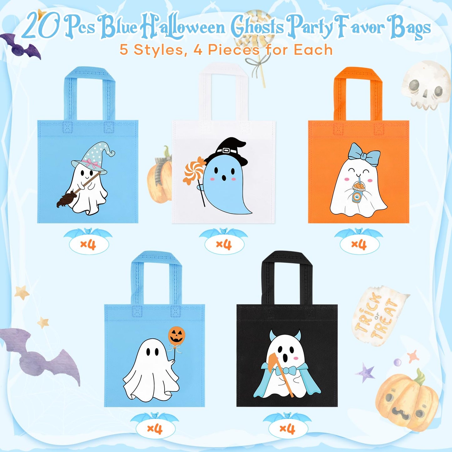 20Pcs Blue Summerween Ghost Party Favor Bags, Non Woven Summer Halloween Treat Bags Gift Bags, Cute Ghost Goodie Candy Tote Bag for Spooky One Two Spooky Birthday Little Boo Baby Shower Party Favor