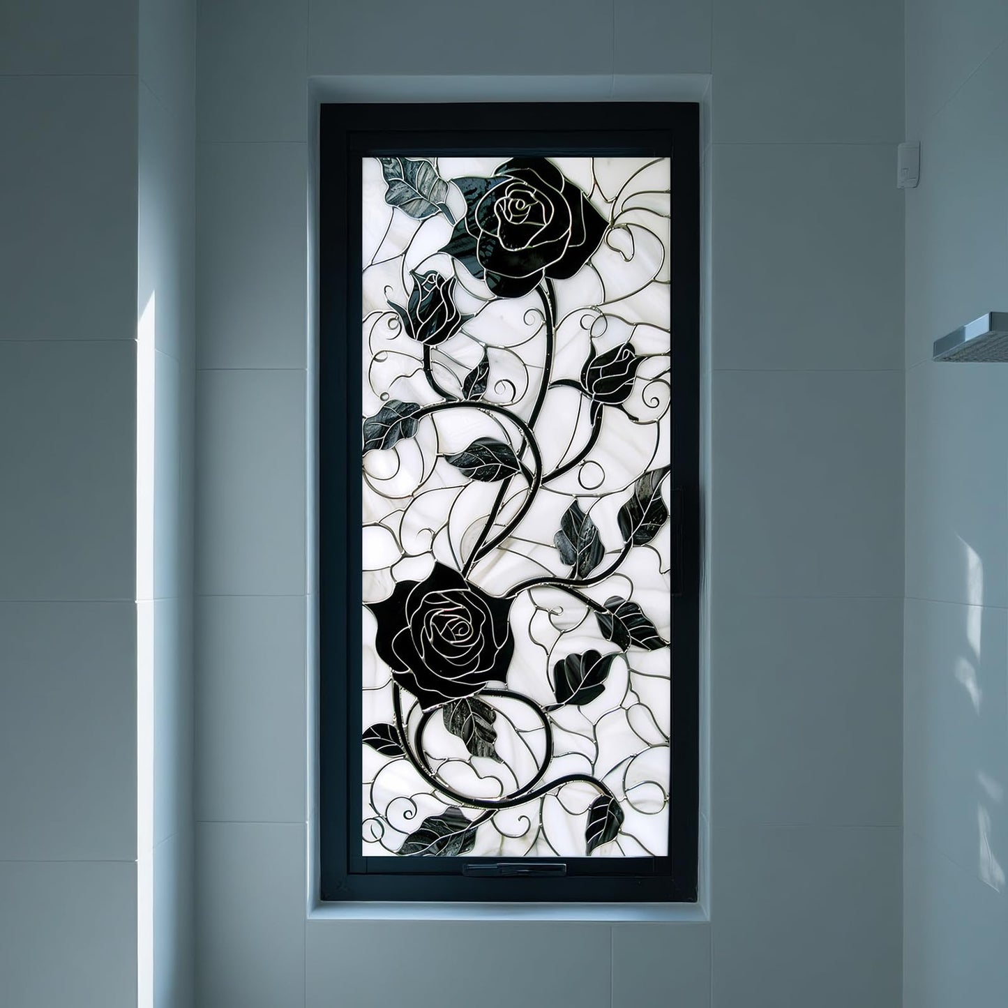 IVN Privacy Window Film Black Rose Vine Decorative Window Cling Stained Glass Style Static Cling Glass Sticker for Bathroom Entryway Kitchen Door Panel 17.7 x 39.3 Inch