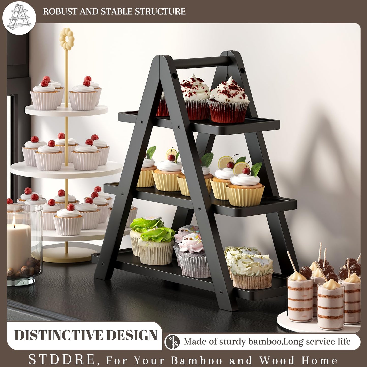 3 Tier Serving Tray Cupcake Stand and Towers Serving Tray for Party Food Tray Farmhouse Serving Platter Decorative Tray Decor Dessert Display Set Tiered Tray Stand (Black)