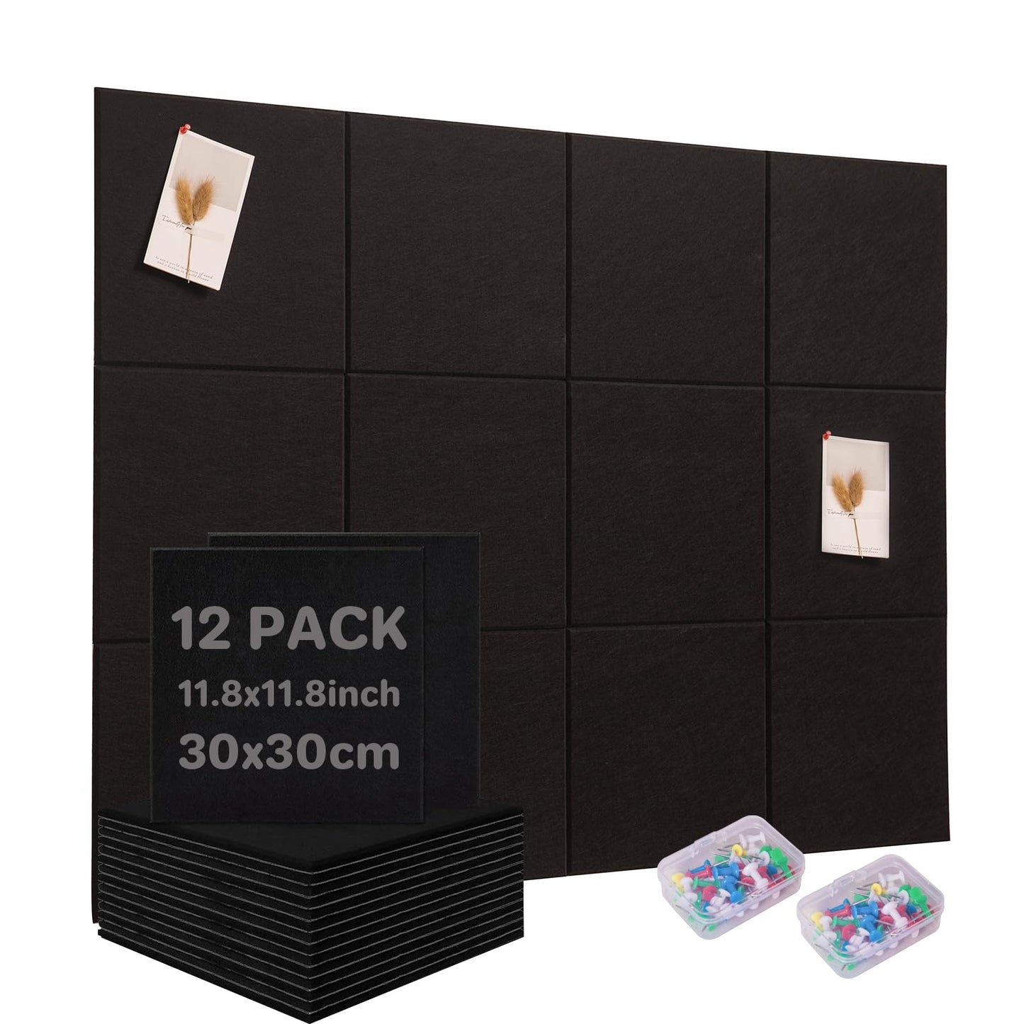 Large Felt Bulletin Board for Walls, 48" x 36" Black Bulletin Board 12 Pack Cork Board with 72 Safe Removable Adhesive Tabs, Bulletin Boards for Home Office Classroom (12Pack-Black)