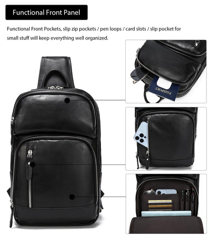 LANNSYNE Full Grain Leather Sling Bag For Men Crossbody Chest Daypack fits 12.9" iPad
