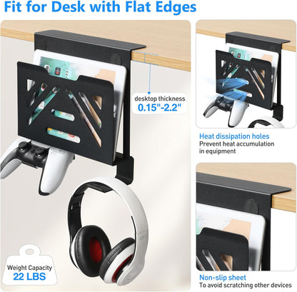 MAXECHO Desk Side Storage, Under Desk Laptop Mount, Table Side Hanging File Organizer, No Drill Clamp On Cable Management Tray, Laptop Holder with 2 Hooks for Office and Home, Load 22 Lbs