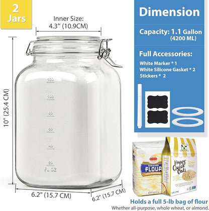 1 Gallon Wide Mouth Glass Jars with Airtight Lids, Large Glass Storage Containers with Lids, 4200 ML Mason Jars with 2 Scales - Canning Jars with Large Capacity, Canister for Pet Food, 2 Pack