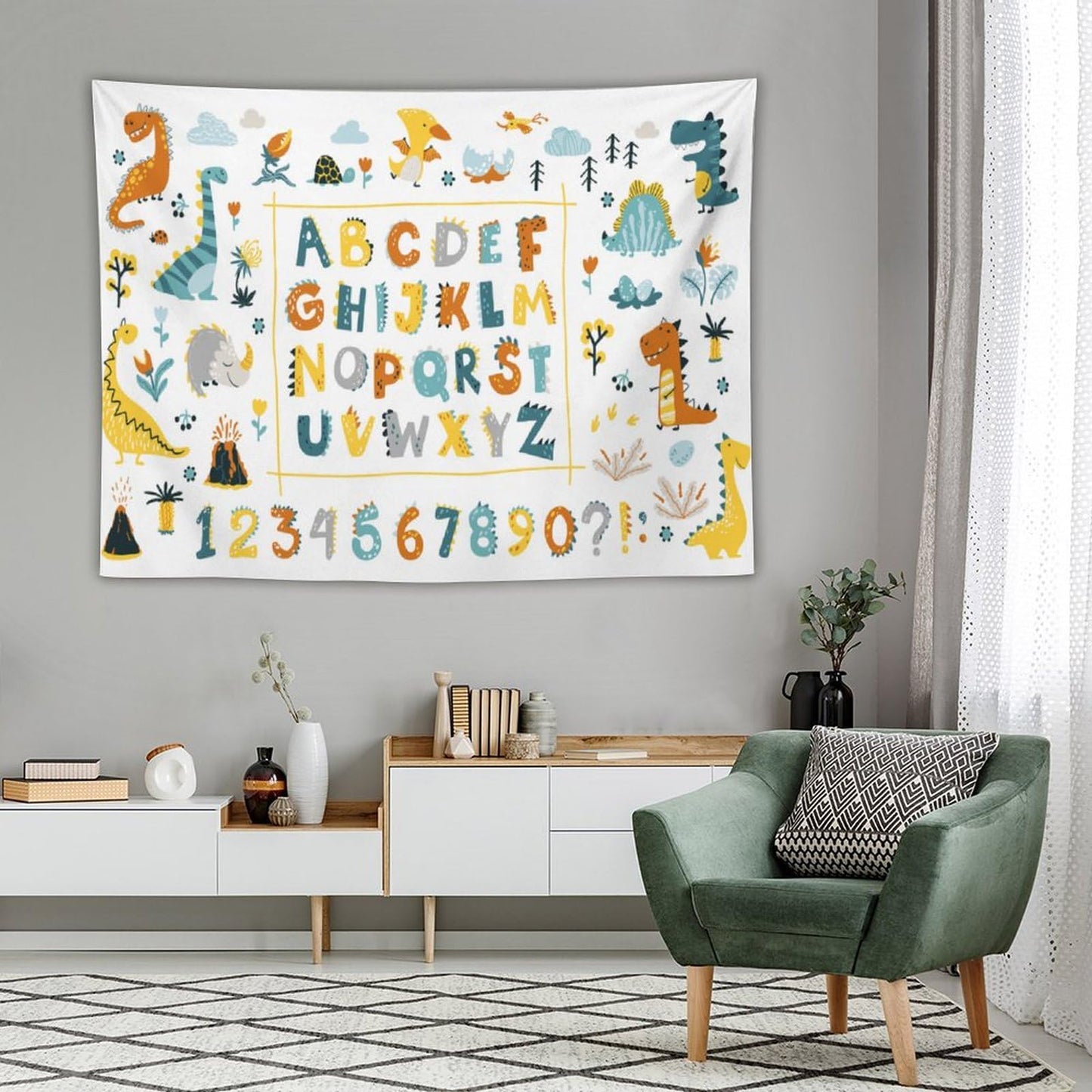 DDCBNS Cartoon ABC Alphabet Tapestry for Kids Boys Girls,Cute Dino Funny Animal Print Educational Tapestry Wall Hanging Home Décor for Study Bedroom Living Room Nursery 80" x 60"