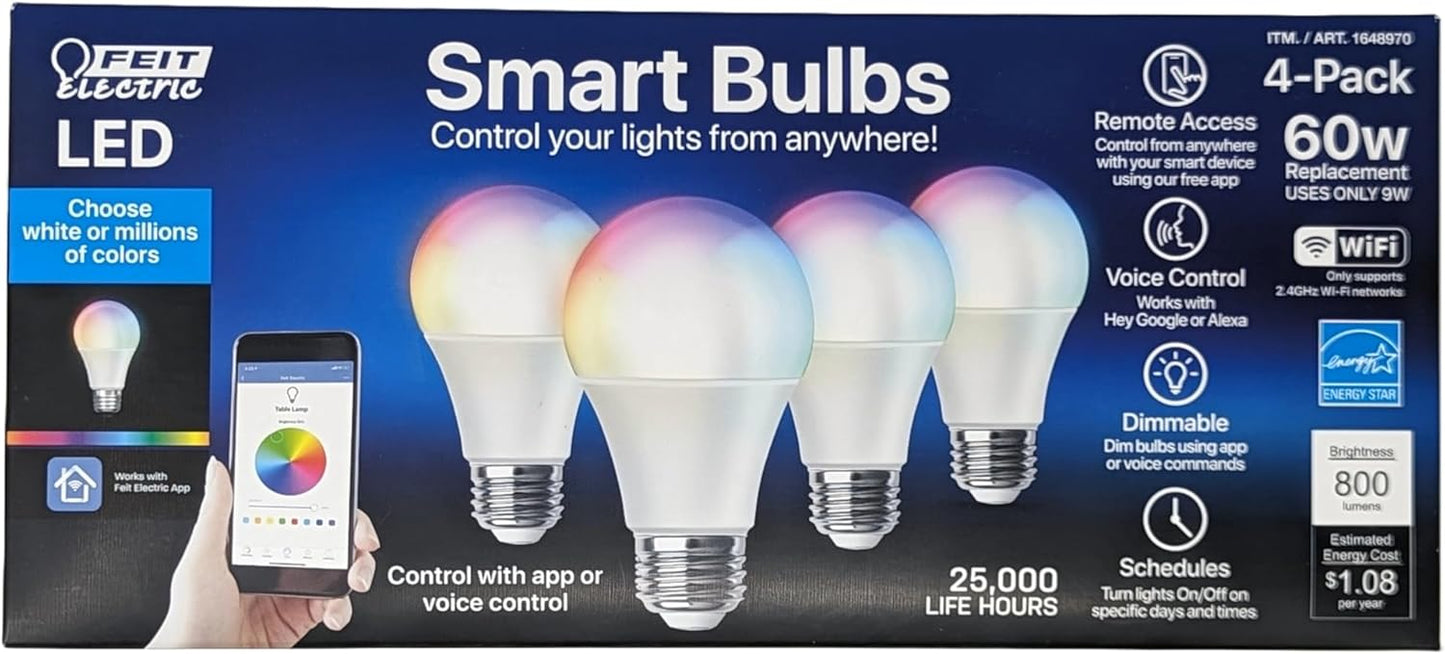 Smart Color-Changing LED Bulbs (4-Pack) for Google & Alexa, 9W (60W Replacement), E26 Base, A19 Shape by Feit Electric