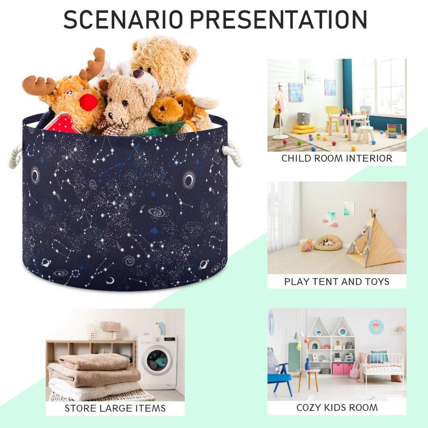 Constellation Print Round Storage Basket Stars Moon Planet 20 x 20 x 14 Inches Laundry Hamper Space Galaxy Universe Large Organizer Bin Clothes Storage Bag for Nursery Bedroom Living Room Decor