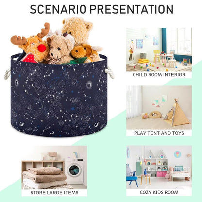 Constellation Print Round Storage Basket Stars Moon Planet 20 x 20 x 14 Inches Laundry Hamper Space Galaxy Universe Large Organizer Bin Clothes Storage Bag for Nursery Bedroom Living Room Decor