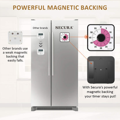 Secura 60-Minute Visual Countdown Timer, 7.5-Inch Oversize Classroom Visual Timer for Kids and Adults, Durable Mechanical Kitchen Timer Clock with Magnetic Backing (Peony Color)