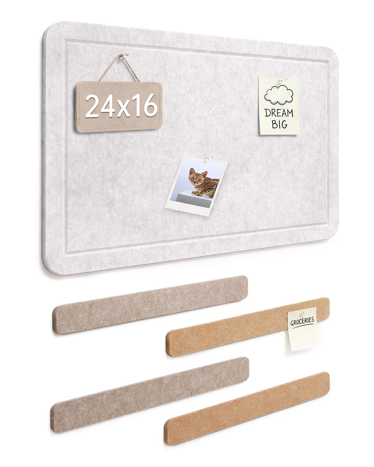 Small Felt Bulletin Board and 4 pcs Bar Strips Set, 24"X16" Cork Board Alternative with Removable Adhesive Tabs, 30 Push Pins for Office, Classroom, Bedroom, Walls Decorations - Oatmeal