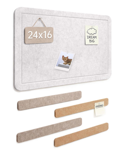 Small Felt Bulletin Board and 4 pcs Bar Strips Set, 24"X16" Cork Board Alternative with Removable Adhesive Tabs, 30 Push Pins for Office, Classroom, Bedroom, Walls Decorations - Oatmeal