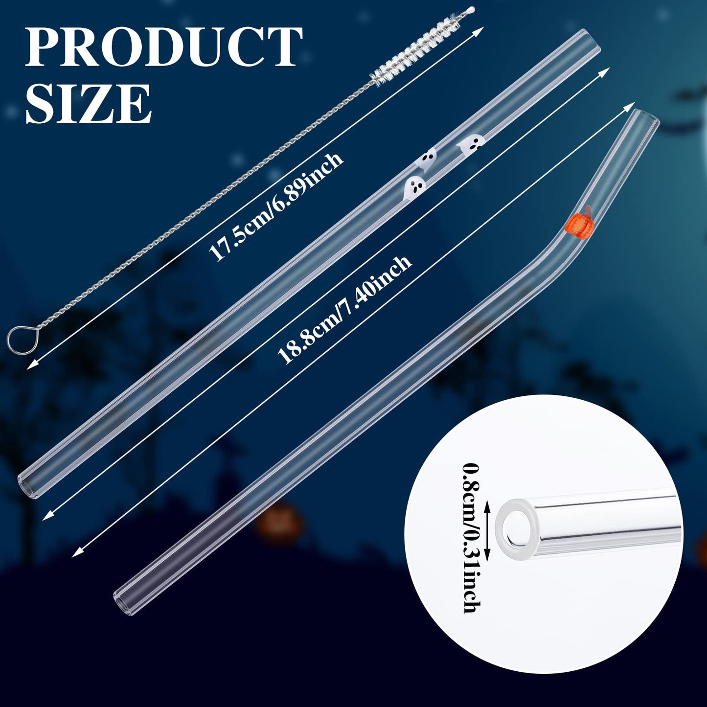 Yoande 10 Pcs Glass Drinking Straws Charms Cute Reusable Straws Glass Brush Clear Drinking Sucker Spring Party Decor Bachelorette Decor Bridal Engagement Drinkware (Pumpkin, Ghost)