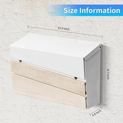Wall-Mount Mailbox, White Walnut Wood Panel, Rust Resistant Large Capacity House Mailbox, Modern Drop Mailboxes for Outside, Metal Post Box (No Keys Locking)