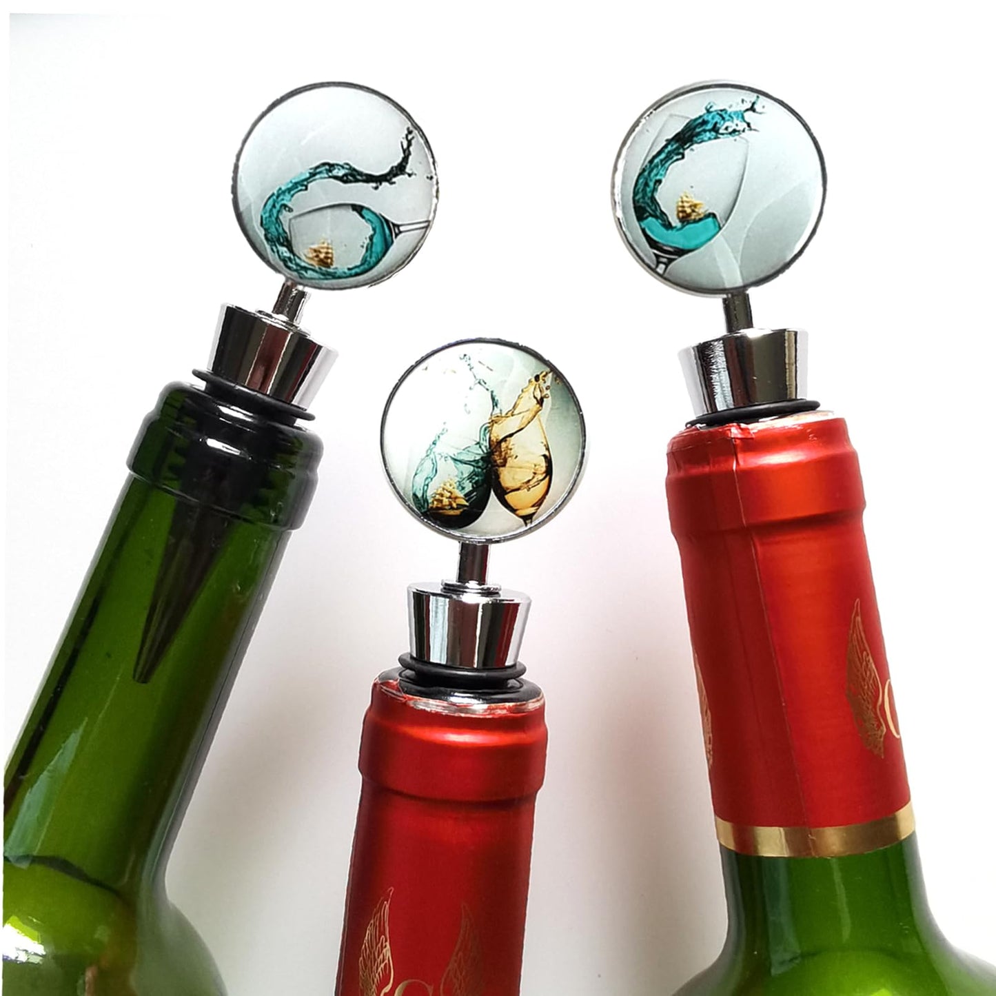 Lockban Wine Bottle Stoppers, Set of 3 Stainless Steel Wine Stoppers with Decorative Art Glass, Wine and Beverage Bottle Corks for Gifts, Bar, Wedding, Holiday Party (Green)