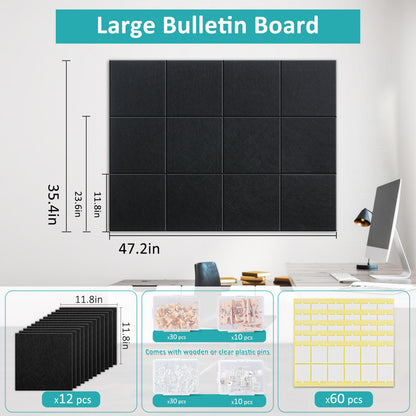 Bounmer Large Cork Bulletin Board - 48" x 36" Cork Board for Walls - 12 Pack Felt Tiles, 60 Removable Safe Adhesive Tabs & 30 Pushpins - for Office, School, Home Decor (Black)