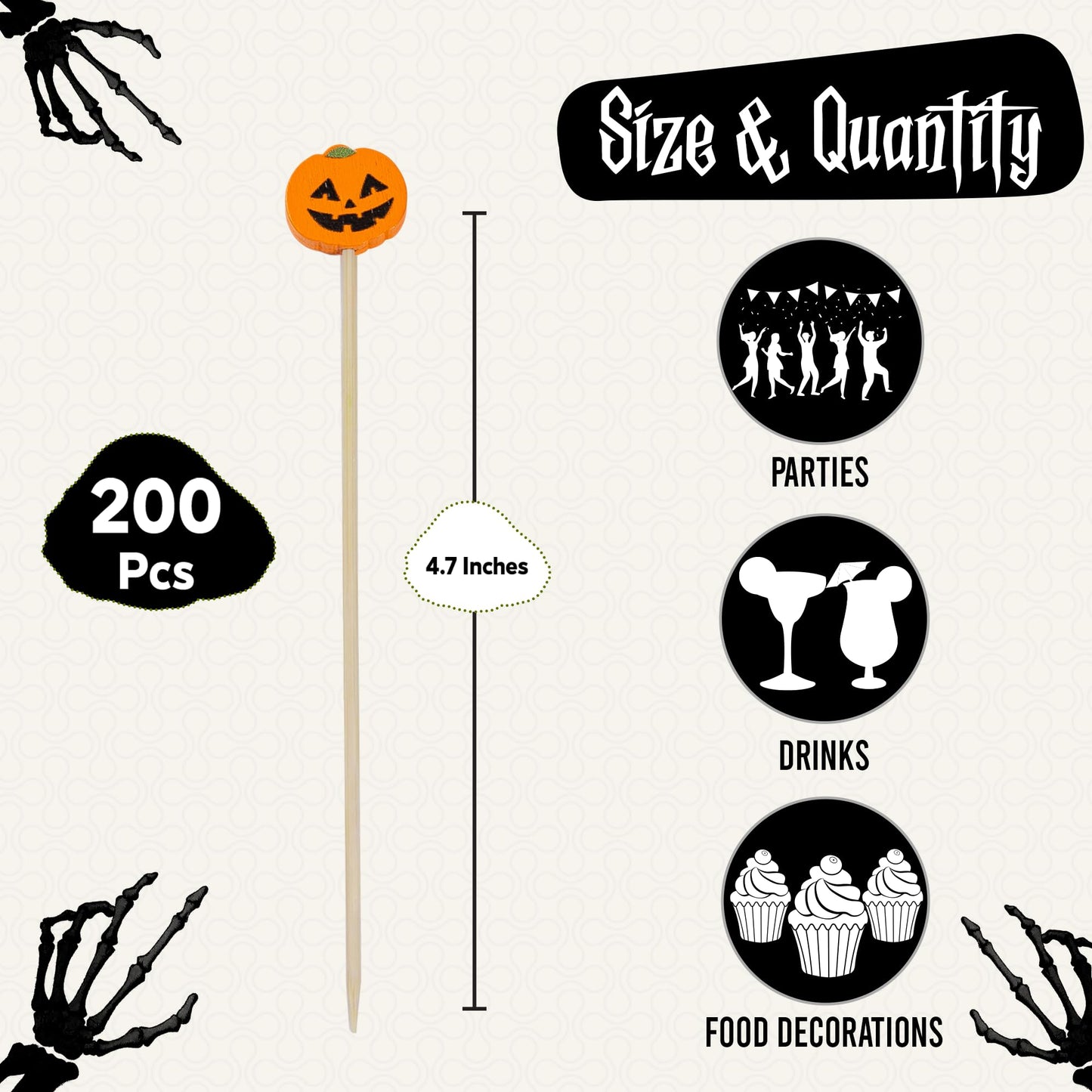 200 PCS Halloween Toothpicks - 4.7" Bamboo Cocktail Picks for Appetizers, Drinks, and Halloween Party Decorations