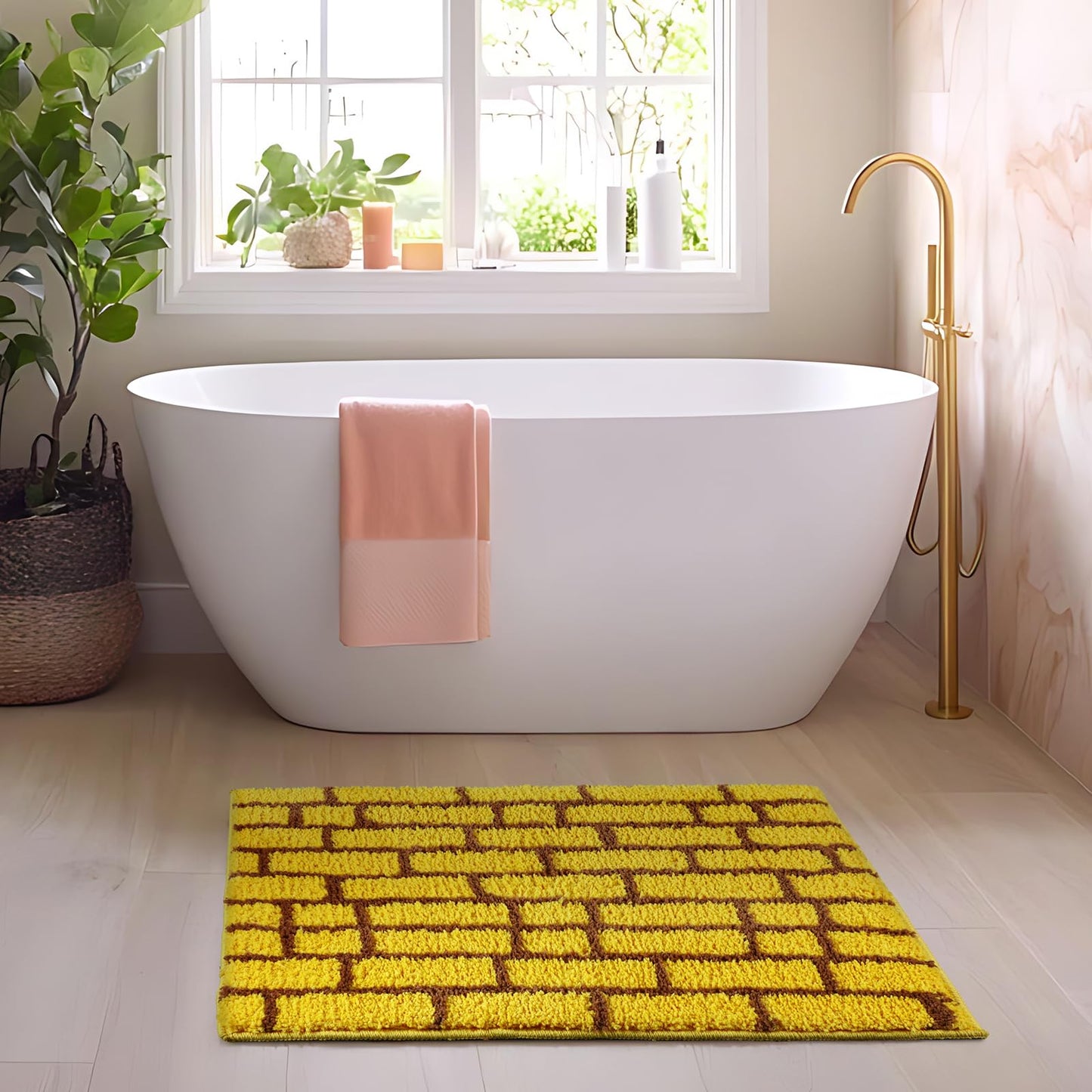 Tinideya 16 x 24 Yellow Brick Bathroom Mat Brick Stone Wall Non Slip Road Rug Cute Aesthetic Carpet Microfiber Absorbent Bath Rug Halloween Wizard Party Decorations for Bathroom Bathtub Shower Bedroom