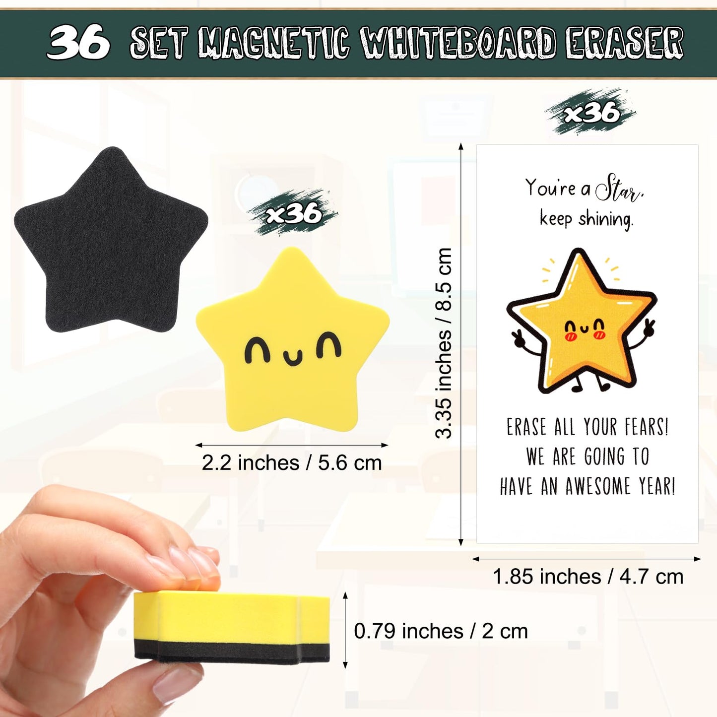 Lincia 36 Sets Smile Face Magnetic Dry Erase Whiteboard Erasers with Motivational Cards and Bags Gifts Bulk for Classroom Prize Teachers