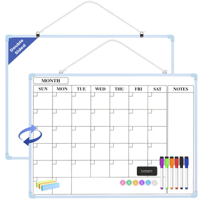 Lumspax Monthly Whiteboard Calendar for Wall, 24" x 18" Dry Erase Board with Plastic Frame, Hanging Dry Erase Calendar with 3 Mini Sticky Notes for Kitchen Planner, Memo, Home and Office, Blue